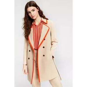 Macy's Bar III Contrast-Trim Trench Coat Tan Orange Classic Modern Preppy Sz L